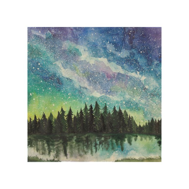 Watercolor night landscape, Milky Way Wood Wall Art (Front)