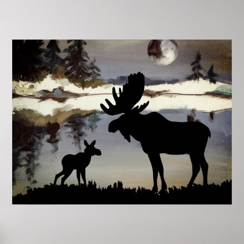 Watercolor Night Moose and Baby Forest Poster