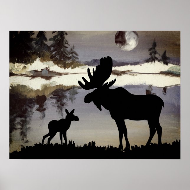 Watercolor Night Moose and Baby Forest Poster (Front)