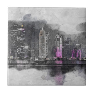 Watercolor Night Qatar Ceramic Tile Wall Decor
