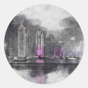 Watercolor night Qatar Classic Round Sticker