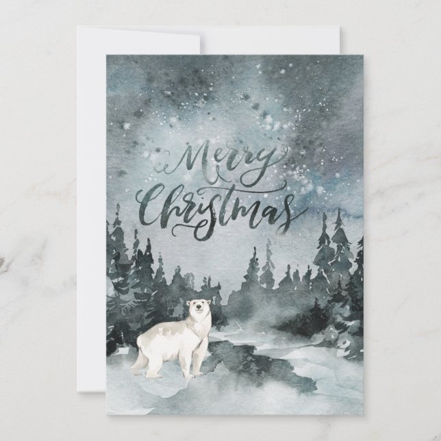 Watercolor Night Sky | Polar Bear Christmas Holiday Card (Front)