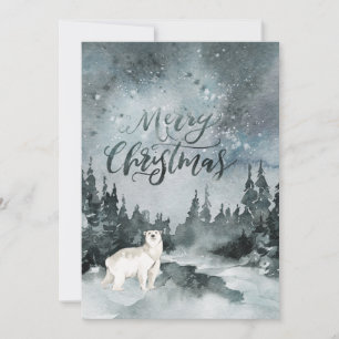 Watercolor Night Sky Polar Bear Christmas Holiday Card