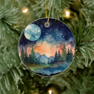 Watercolor Nightsky in the forest with Full Moon Ceramic Ornament