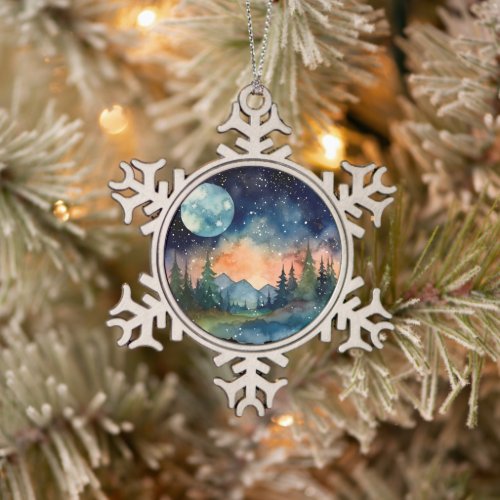 Watercolor Nightsky in the forest with Full Moon Snowflake Pewter Christmas Ornament