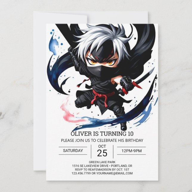 Watercolor Ninja Adventure Birthday Invitation (Front)