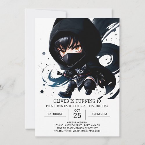 Watercolor Ninja Adventure Kids Birthday Invitation