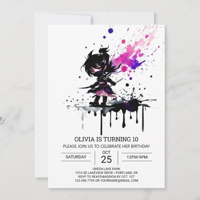 Watercolor Ninja Custom Girl Birthday Invitation (Front)