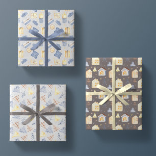 Watercolor Nordic Hygge Cute Christmas 3 Pack Gift Wrapping Paper Sheets