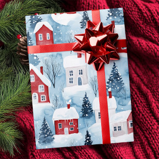 Watercolor Nordic Winter Houses Snow Christmas  Wrapping Paper