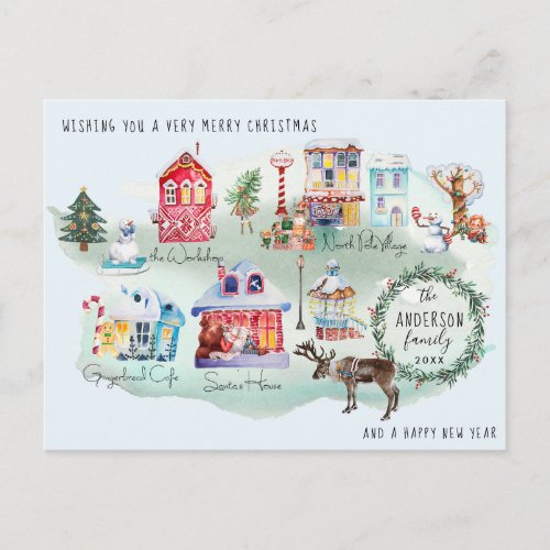 Watercolor North Pole Village Map  Illustrated Postcard