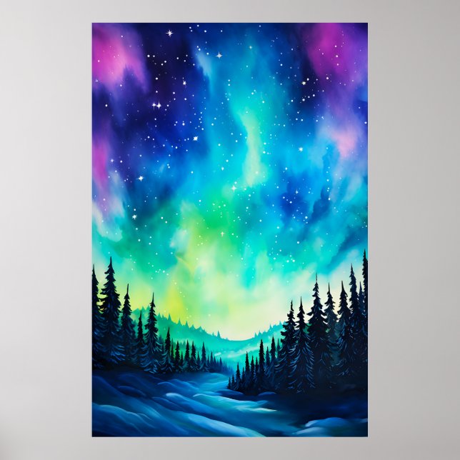 Watercolor Northern Lights aurora borealis  Poster (Front)
