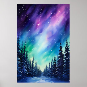 Watercolor Northern Lights aurora borealis  Poster