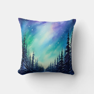Watercolor Northern Lights aurora borealis Throw Pillow