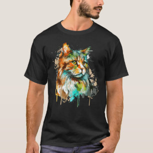 Watercolor Norwegian Forest Cat Colorful Long Hair T-Shirt