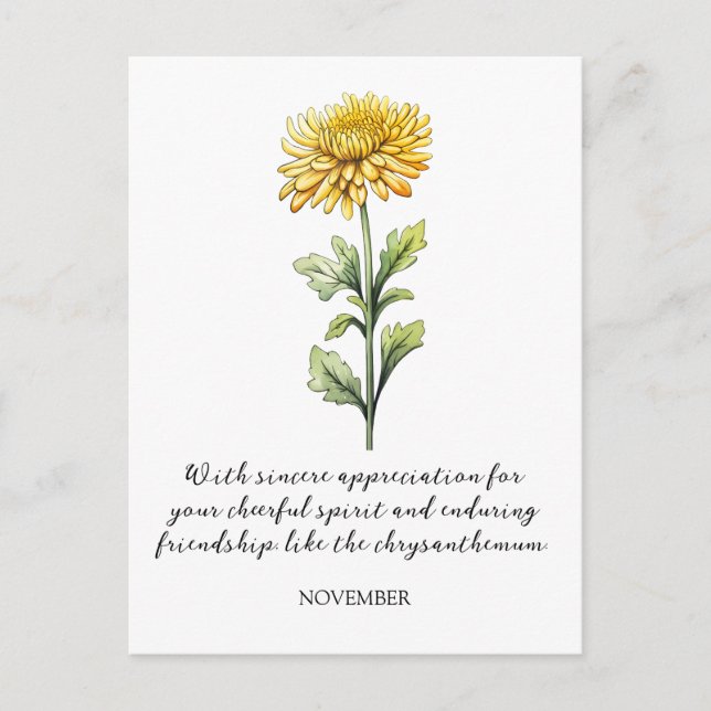 WATERCOLOR NOVEMBER CHRYSANTHEMUM BIRTH FLOWER POSTCARD (Front)