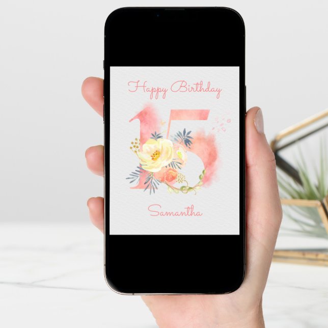 Watercolor Number 15 Personalized 15th Birthday Card (Front Digital)