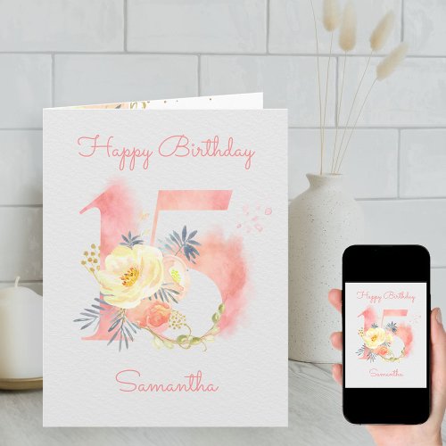 Watercolor Number 15 Personalized 15th Birthday Card