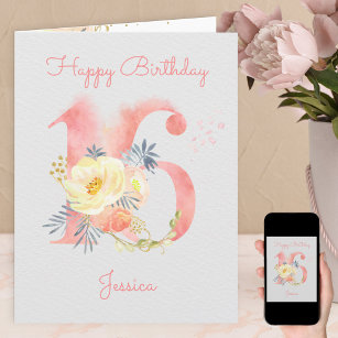Watercolor Number 16 Personalized 15th Birthday Card