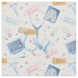 Watercolor Nurse Dr Medical Collage Blue Pink Fabric
