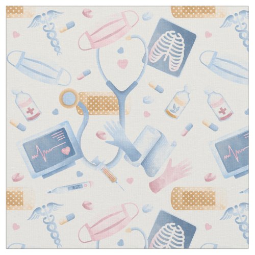Watercolor Nurse  Dr Medical Collage Blue Pink Fabric