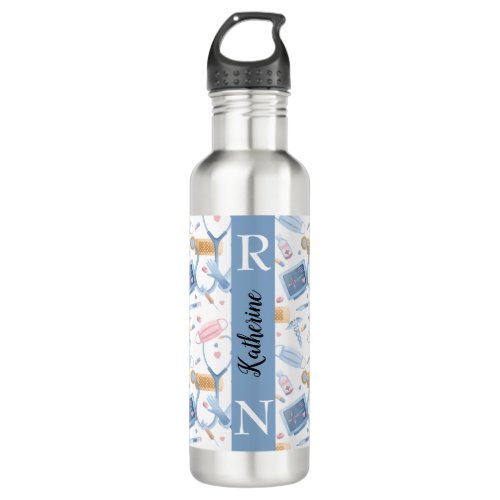 Watercolor Nurse  Dr Medical Collage Blue Pink Stainless Steel Water Bottle