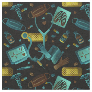 Watercolor Nurse Dr Medical Collage Teal Brown Fabric