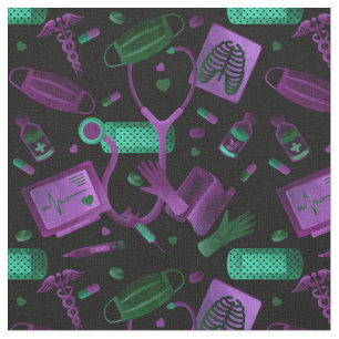 Watercolor Nurse Dr Medical Collage Teal Purple Fabric