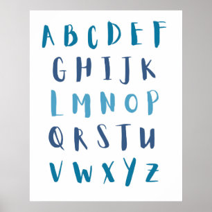Watercolor Nursery Alphabet Blue ABCs Kids Poster