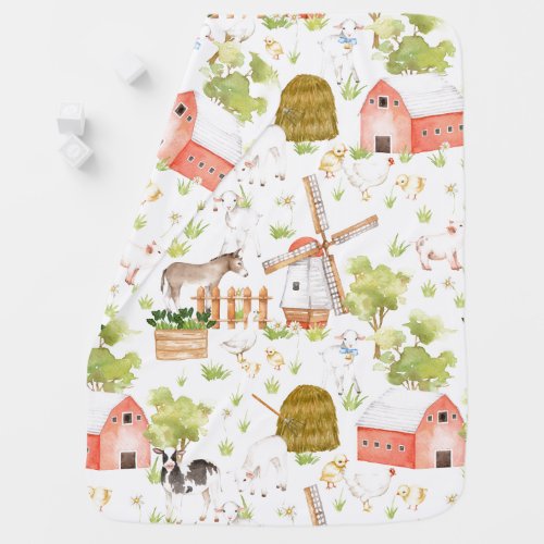 Watercolor Nursery Farm Land Animals Baby Blanket