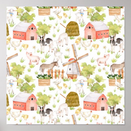 Watercolor Nursery Farm Land Animals Poster