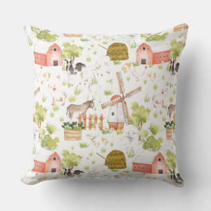 Watercolor Nursery Farm Land Animals Throw Pillow
