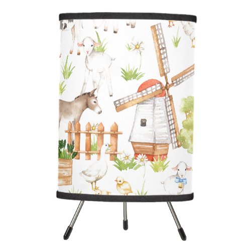 Watercolor Nursery Farm Land Animals Tripod Lamp