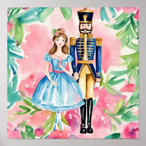 Watercolor Nutcracker and Clara Christmas Poster