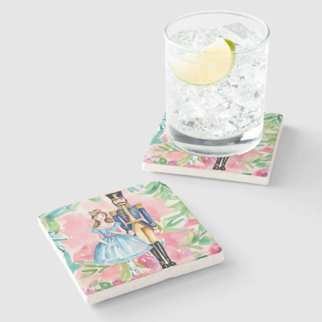 Watercolor Nutcracker and Clara Christmas Stone Coaster (Side)