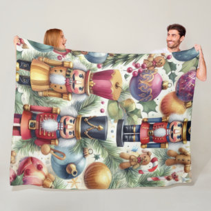 Watercolor Nutcracker Christmas Motifs Holiday Fleece Blanket
