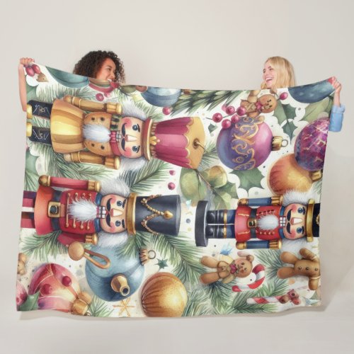 Watercolor Nutcracker Christmas Motifs Holiday Fleece Blanket