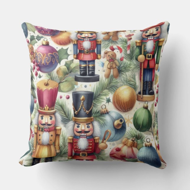 Watercolor Nutcracker Christmas Motifs Holiday Throw Pillow (Front)