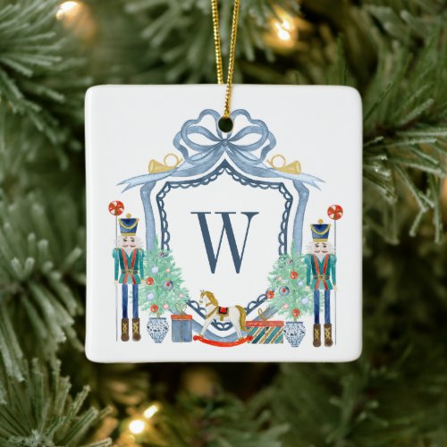 Watercolor Nutcracker Monogram Crest Christmas Ceramic Ornament