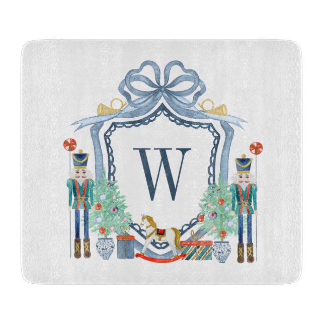 Watercolor Nutcracker Monogram Crest Christmas Cutting Board (Front)