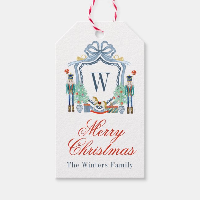 Watercolor Nutcracker Monogram Crest Christmas Gift Tags (Front)