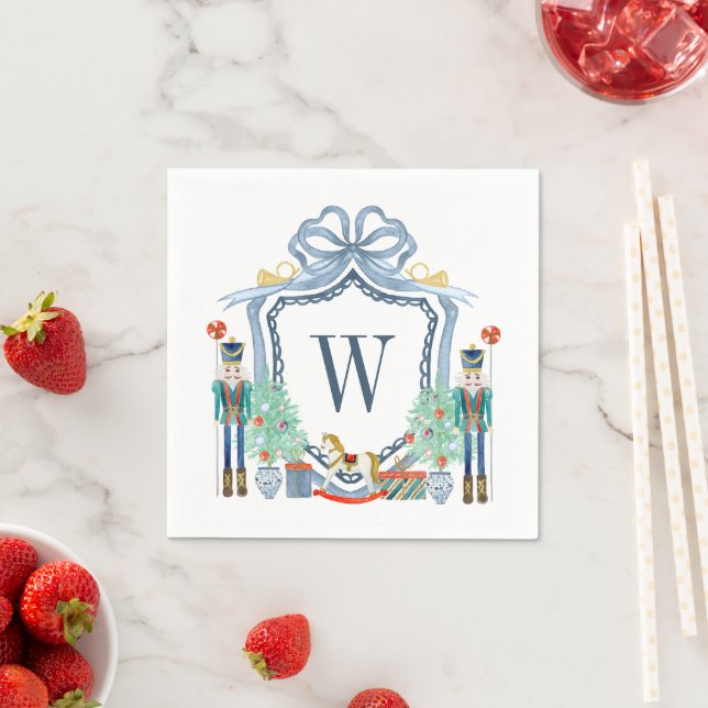 Watercolor Nutcracker Monogram Crest Christmas Napkins (Insitu)