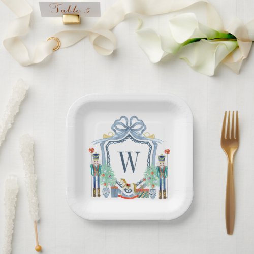 Watercolor Nutcracker Monogram Crest Christmas Paper Plates