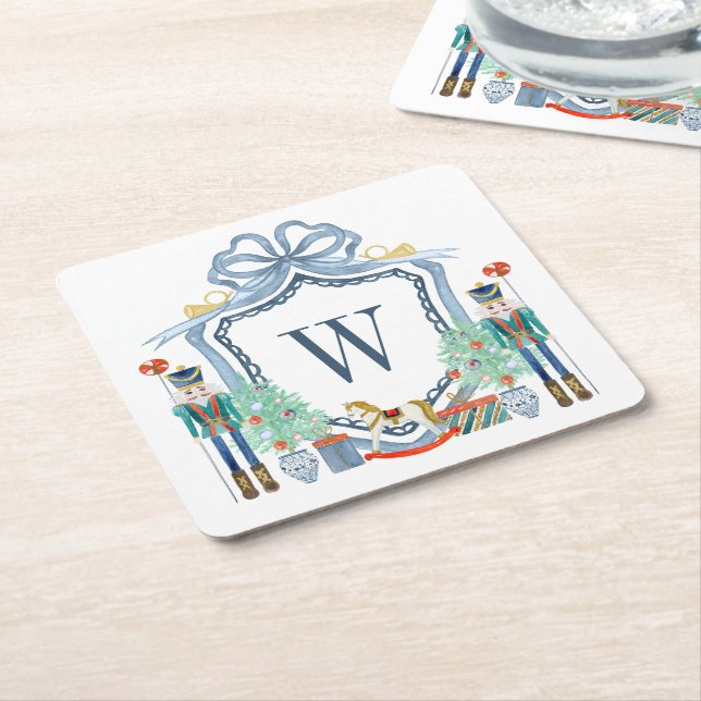 Watercolor Nutcracker Monogram Crest Christmas Square Paper Coaster (Angled)