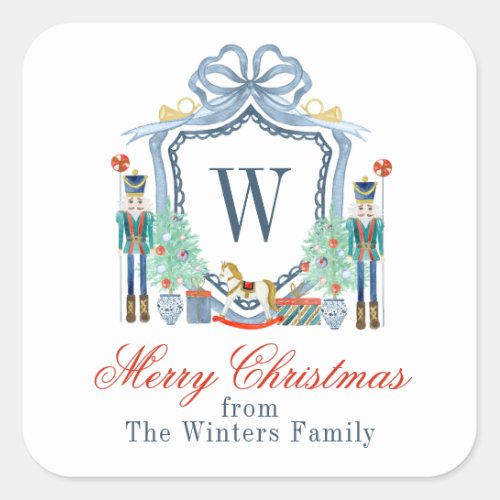 Watercolor Nutcracker Monogram Crest Christmas Square Sticker