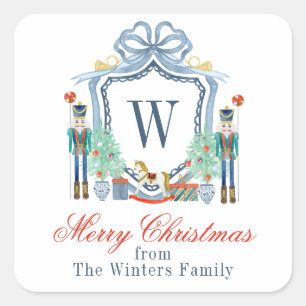 Watercolor Nutcracker Monogram Crest Christmas Square Sticker