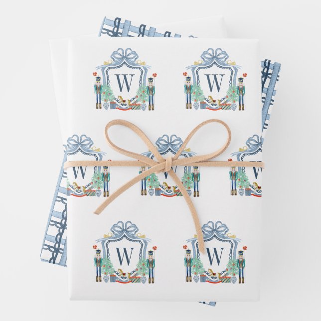 Watercolor Nutcracker Monogram Crest Christmas Wrapping Paper Sheets (In situ)