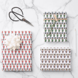 Watercolor Nutcracker Soldiers in Red, Green, Blue Wrapping Paper Sheets