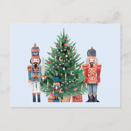 Watercolor Nutcrackers and Christmas Tree Holiday Postcard