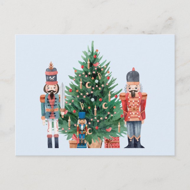 Watercolor Nutcrackers and Christmas Tree Holiday Postcard (Front)